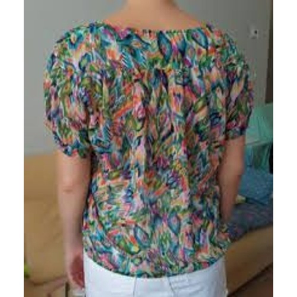 ZARA BASIC Womens Multicolor Abstract Print Short Sleeve V Neck Blouse Top XS